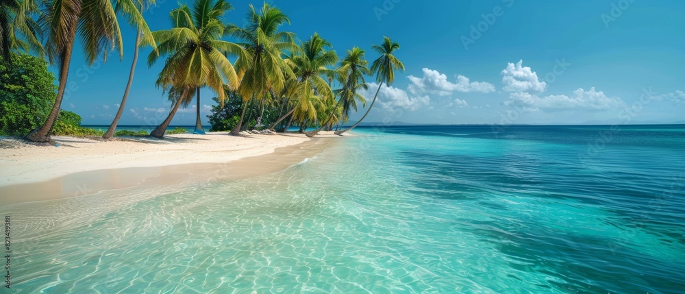 Fototapeta premium Tropical island paradise with white sandy beaches, turquoise waters, and palm trees swaying in the breeze