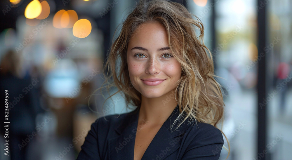 Obraz premium Beautiful smiling young business woman standing on street on sunny summer morning.Macro.AI Generative.