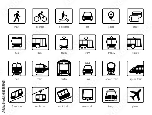 City public transport icons set. The outline icons are well scalable and editable. Contrasting vector elements are good for different backgrounds. EPS10.