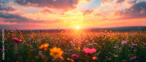 Vibrant sunset over a peaceful meadow with wildflowers and a gentle breeze