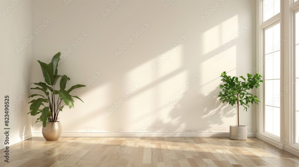 A large empty room with a white wall and two potted plants. The room is bright and airy, with the sunlight streaming in through the windows. The plants add a touch of greenery and life to the space A large empty room with a white wall and two potted plants. The room is bright and airy, with the sunlight streaming in through the windows. The plants add a touch of greenery and life to the space