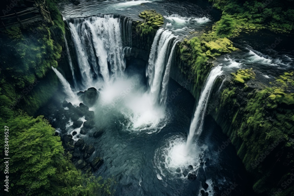 Naklejka premium Aerial view of a powerful waterfall surrounded by vibrant greenery and mossy rocks