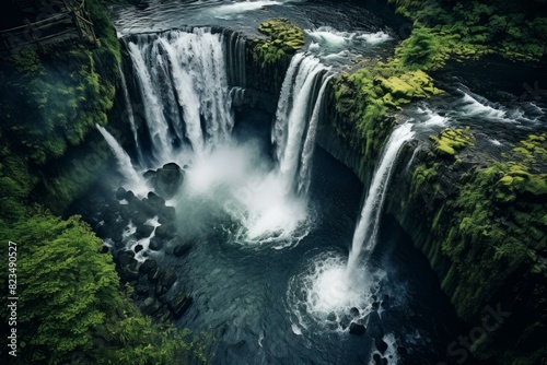 Aerial view of a powerful waterfall surrounded by vibrant greenery and mossy rocks