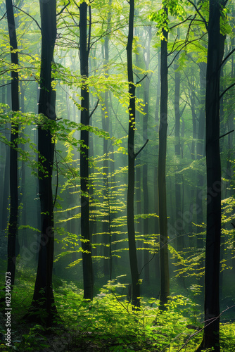 Green forest with beech trees  during spring time  with sun light and shadows  in a morning misty atmosphere.