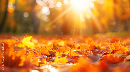 Panoramic beautiful autumn nature background with carp
