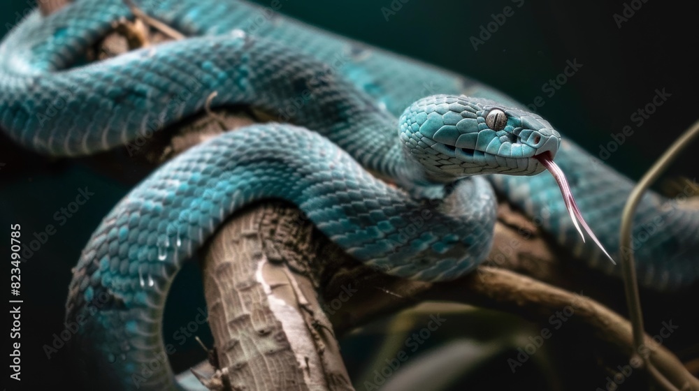 Close-up of a Blue viper snake coiled around a branch, in Indonesia