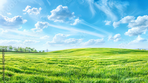 Panoramic natural landscape with green grass field and © Johnu