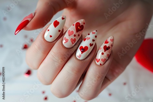 Woman's Hand With Her Long Nails Painted With Valentine's Day Theme Red Hearts Clean Background Nail Salon