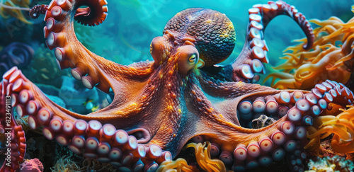 an octopus in the ocean  showcasing its intricate skin patterns and intelligent gaze