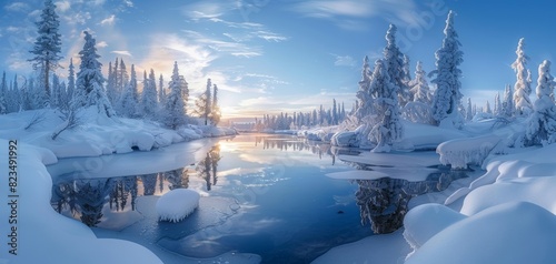 Winter wonderland with snowcovered trees, a frozen river, and northern lights © Purichaya