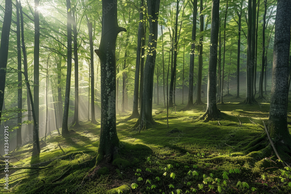 Fototapeta premium Green forest with beech trees, during spring time, with sun light and shadows, in a morning misty atmosphere.