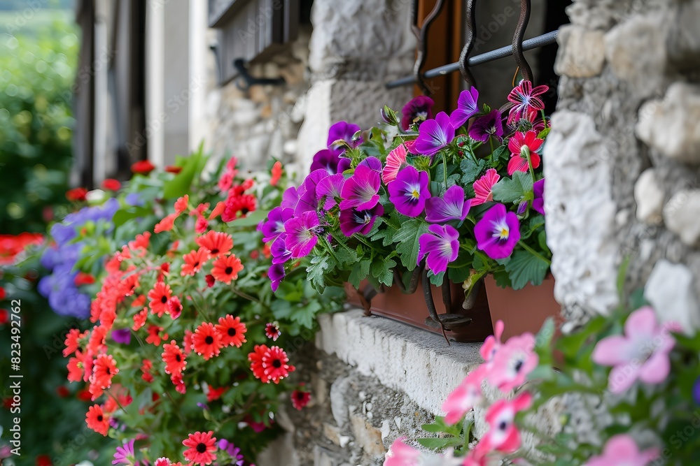 Fototapeta premium Summer flowers in pots on the window of an old house.