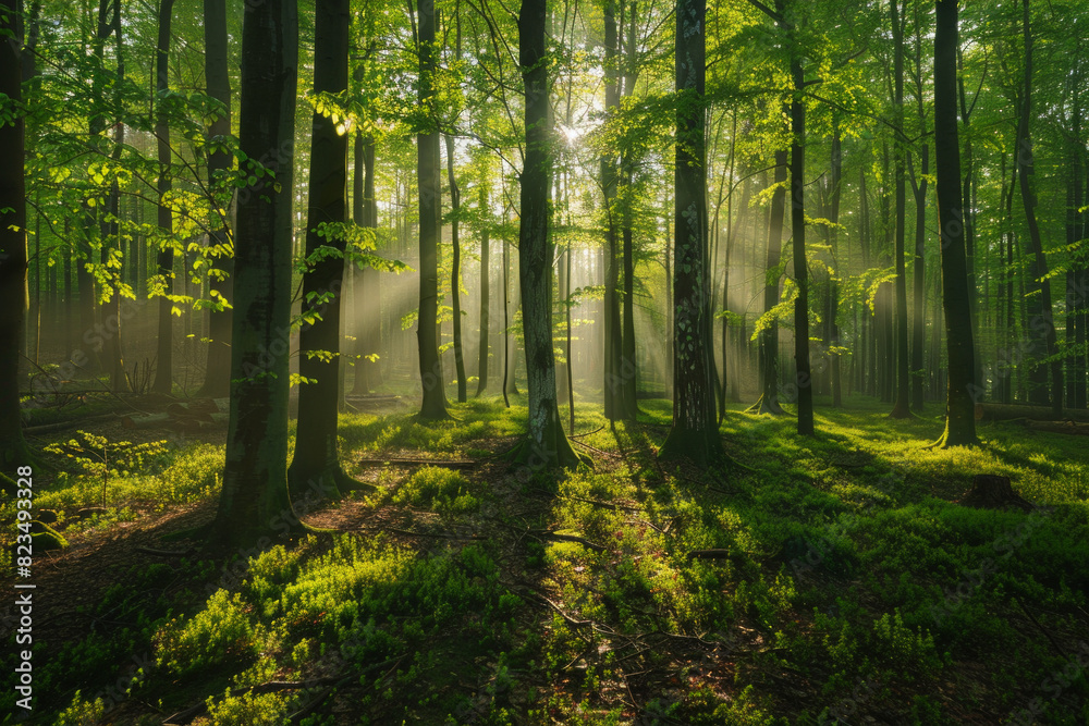 Fototapeta premium Green forest with beech trees, during spring time, with sun light and shadows, in a morning misty atmosphere.