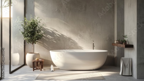 A bathroom with a large white bathtub and a potted plant. The bathroom is clean and well-lit  with a modern design