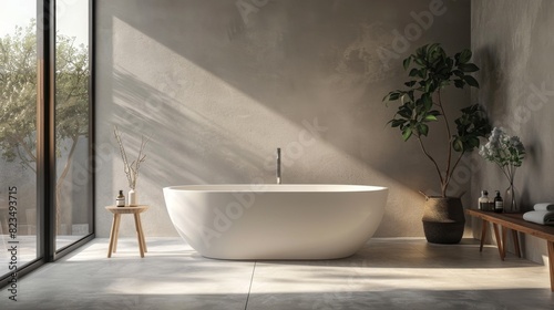 A large white bathtub sits in a bathroom with a large window and a potted plant. The room is clean and minimalist  with a neutral color scheme. The potted plant adds a touch of greenery