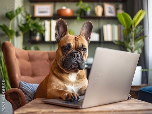 A French Bulldog sits attentively at a laptop in a cozy home office, surrounded by plants and books.