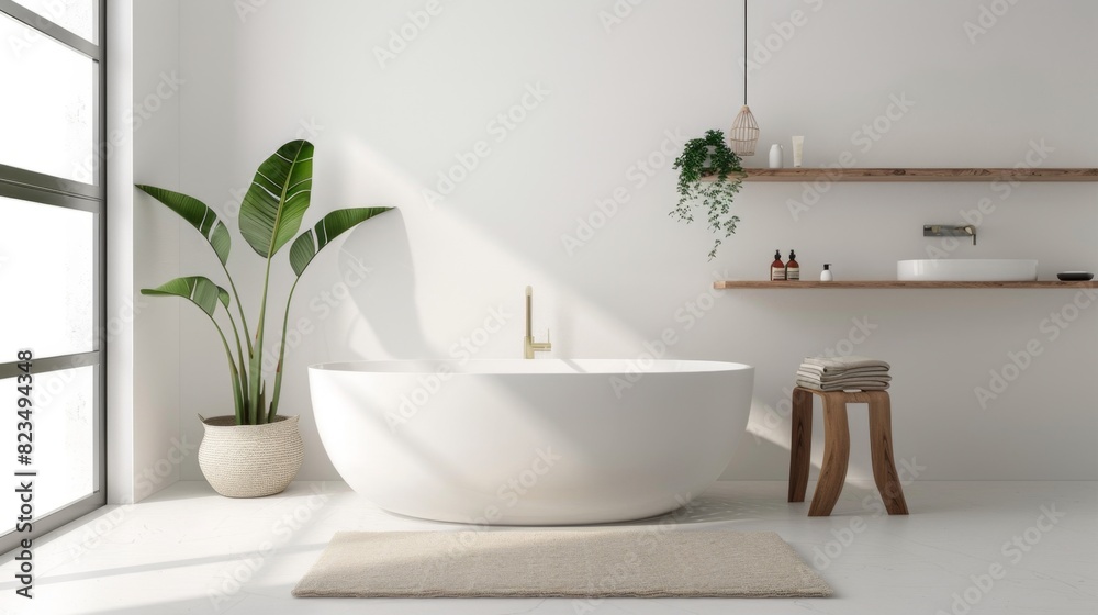 Fototapeta premium A bathroom with a white bathtub and a potted plant. The bathroom is clean and well-lit, with a wooden stool and a shelf above the sink