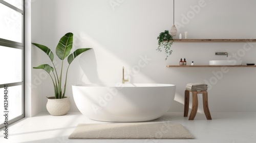 A bathroom with a white bathtub and a potted plant. The bathroom is clean and well-lit  with a wooden stool and a shelf above the sink
