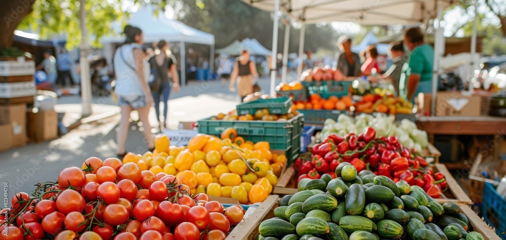 Bustling outdoor market with colorful produce, handmade goods, and happy shoppers