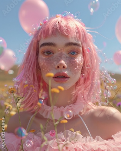 A woman with sparkling makeup and pink hair is surrounded by balloons and wildflowers in a dreamy outdoor setting
