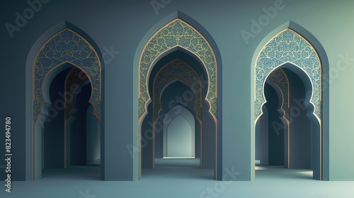 Beautifully detailed Islamic archway with intricate patterns and soft lighting ideal for cultural design projects and holiday decor