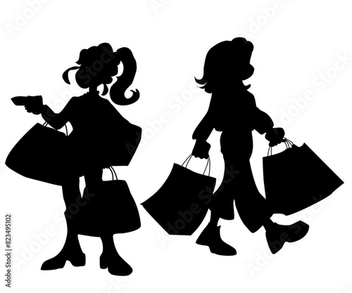 Silhouette of the buyer after shopping in the mall. Happy woman shopper with supermarket bag. Illustration of family set as package for consumer transportation and gift for purchase in market. Vector	