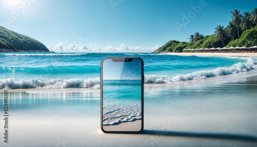  Tecnologia Moderna Incontra il Paradiso Tropicale- Mockup di Telefono su Spiaggia di Sabbia Bianca photo