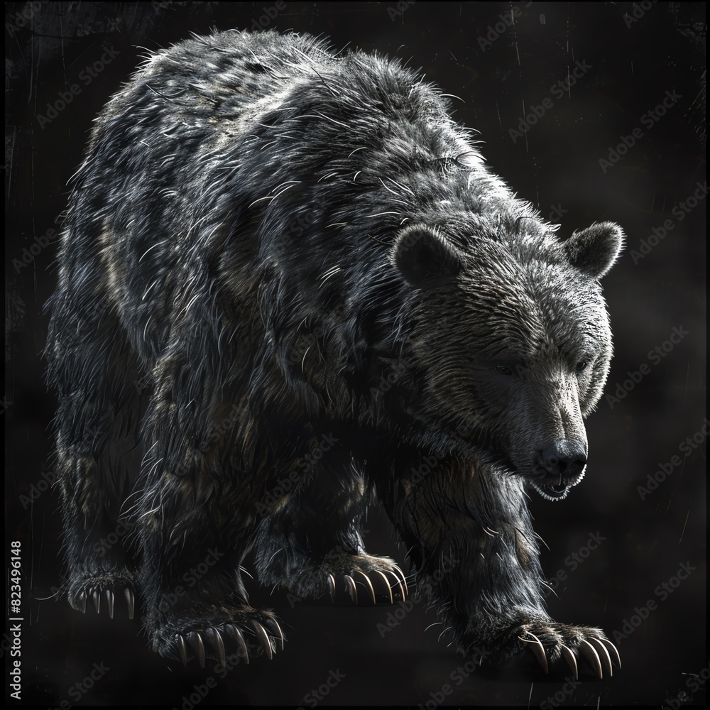 Fototapeta premium A large, majestic grizzly bear stands in the middle of a dark forest