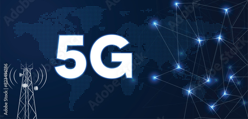 5G technology, telecommunication industry, telecom network glowing 5G text on dotted world map vector poster