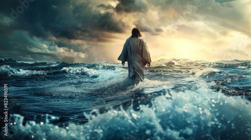 Jesus walks on water across the sea during a storm. Biblical theme concept.