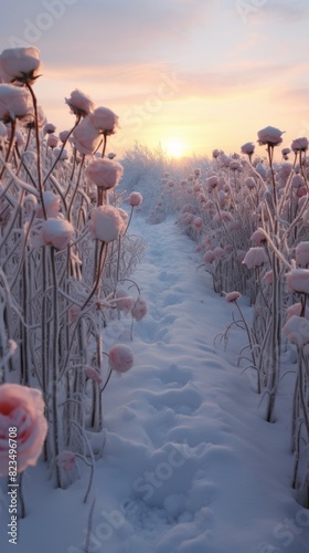 Frost-kissed roses line a pathway leading to a dawn horizon, creating a peaceful image