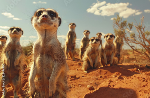 A group of meerkats standing on their hind legs, watching out for potential varanid lizards in the savannah