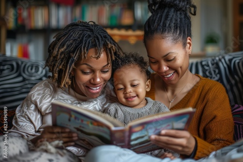 Loving Lesbian Family Reads Bedtime Story to Child with Warmth and Care in Heartwarming Scene. 