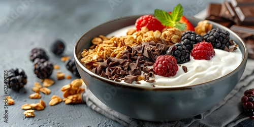 Healthy breakfast with yogurt granola berries and chocolate for a balanced meal. Concept Yogurt Parfait, Granola Toppings, Berry Selection, Chocolate Additions, Balanced Breakfast photo