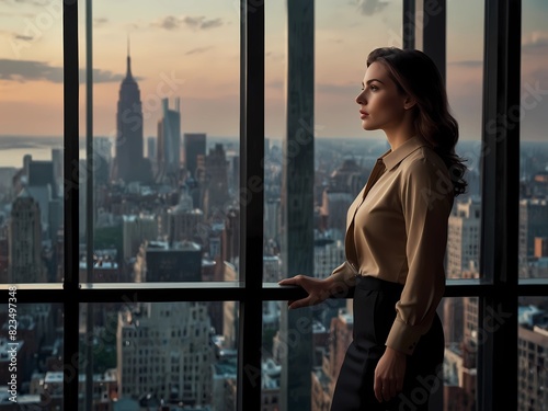 elegant businesswoman, looking  through an office window at metropolis © NoName