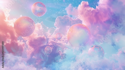 Floating pastel orbs in a cosmic cloudscape, ethereal, beautiful, digital art photo
