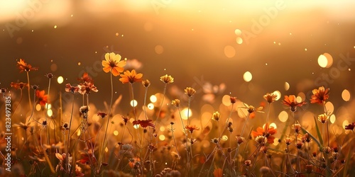 Vibrant wildflower meadow in summer illuminated by sunbeams and bokeh lights. Concept Nature Photography, Summer Landscapes, Wildflower Meadow, Sunlight and Bokeh Lights, Vibrant Colors photo