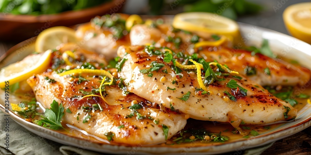 Chicken piccata with lemon zest slices for freshness and visual appeal. Concept Chicken Piccata, Lemon Zest, Freshness, Visual Appeal, Cooking Techniques