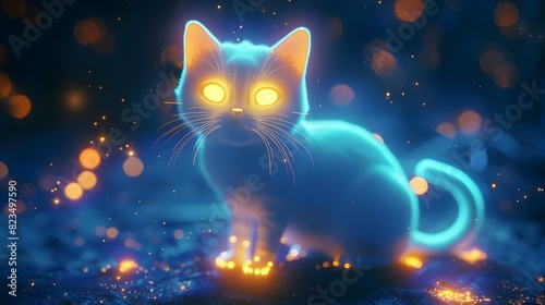 Whimsical AnimeStyle White Cat with Luminous Yellow Eyes Immersed in a Cosmic Overlay for Copy Space