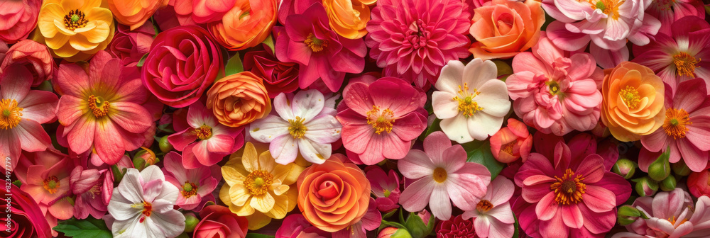 Fototapeta premium A cluster of various colorful flowers hanging on a wall; adding a vibrant touch to the space
