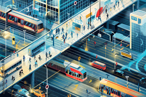 Integration of Modes and Network, Mobility as a Service and Mobility Hubs, Public Transports Concept, Future, Illustration - Generative AI.