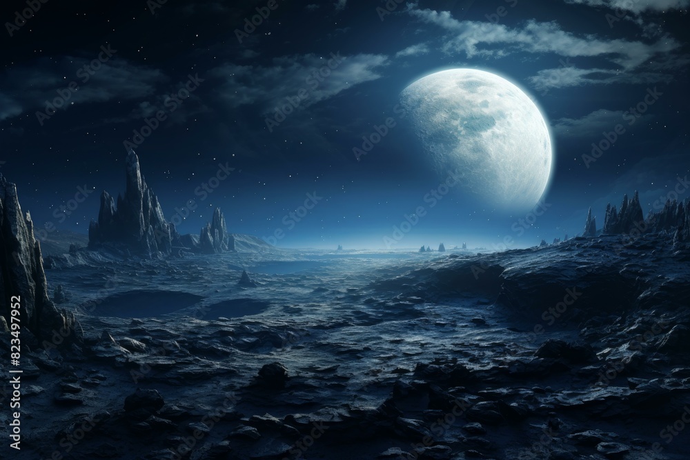 Surreal and otherworldly: mystical moonlit landscape with alien terrain and mysterious rocky moonscape Surreal and otherworldly: mystical moonlit landscape with alien terrain and mysterious rocky moonscape