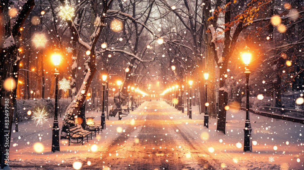A street covered in snow with glowing street lights and benches lining the sidewalks