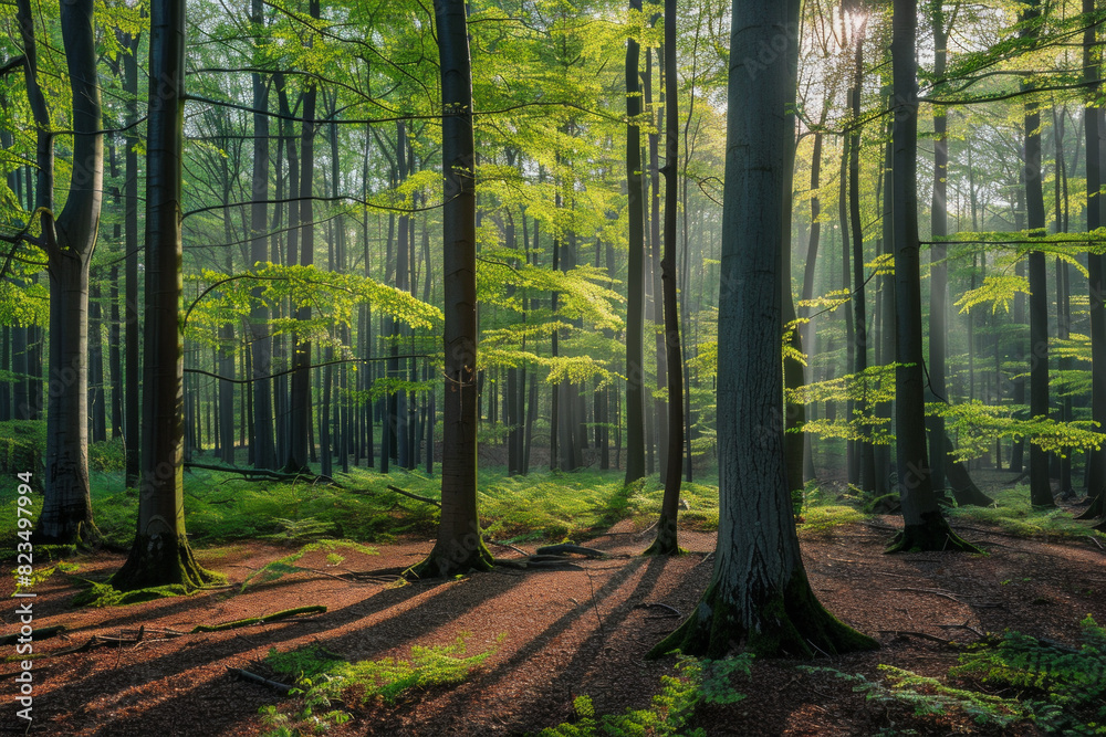 Fototapeta premium Green forest with beech trees, during spring time, with sun light and shadows, in a morning misty atmosphere.