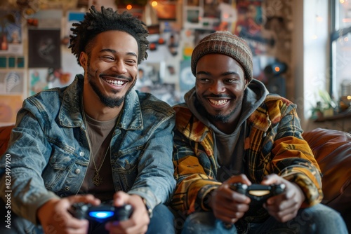 Joyful Gay Couple Engaged in Intense Video Game Competition in Living Room
