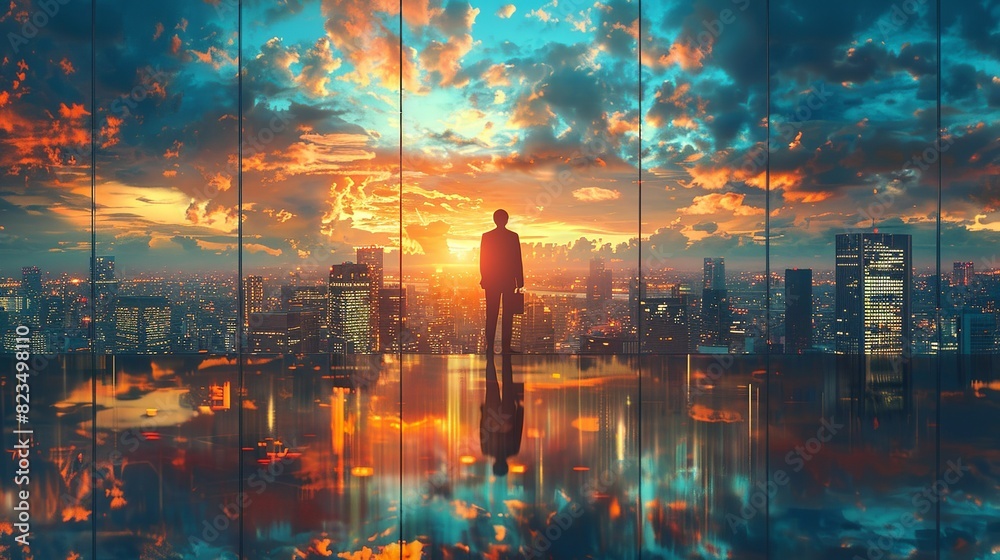 A man stands in front of a city skyline with a sunset in the background