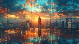 A man stands in front of a city skyline with a sunset in the background