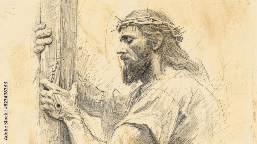 Fototapeta premium Jesus Carrying the Cross on the Way to Golgotha, Biblical Illustration Depicting Sacrifice and Suffering, Ideal for article
