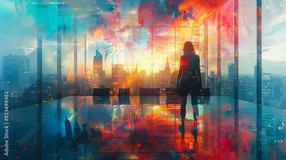 A woman stands in front of a city skyline at sunset
