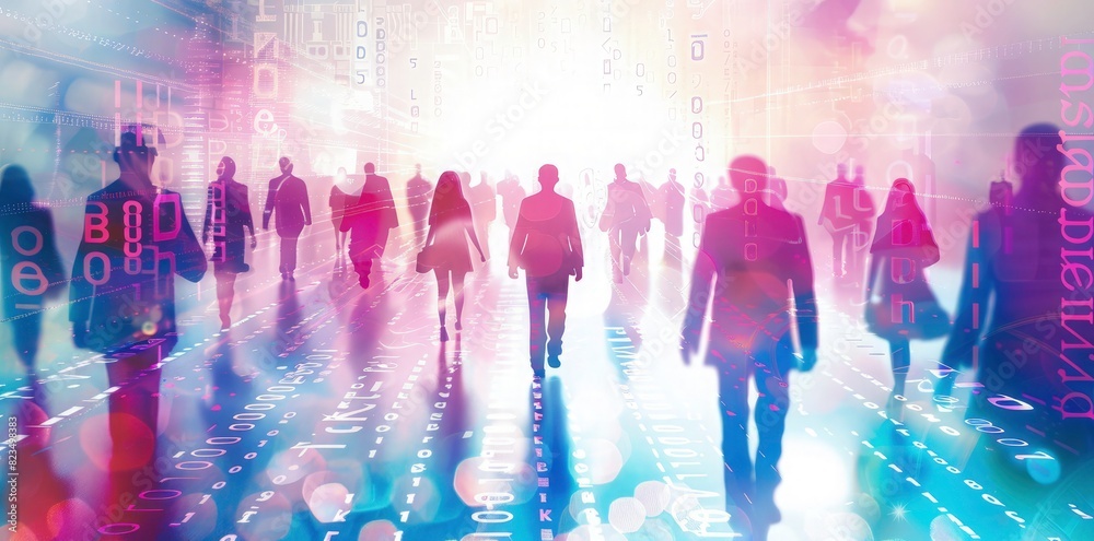 Digital futuristic background with business people silhouettes, glowing hologram and binary code on white background. Concept of global network connection technology Digital futuristic background with business people silhouettes, glowing hologram and binary code on white background. Concept of global network connection technology
